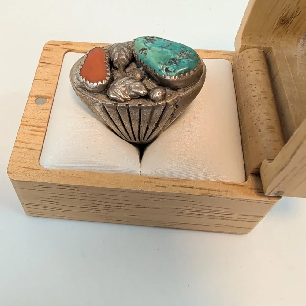 Vintage Heavy Southwestern Sterling Silver 30g Turquoise Coral Leaf Ring Sz 8.75